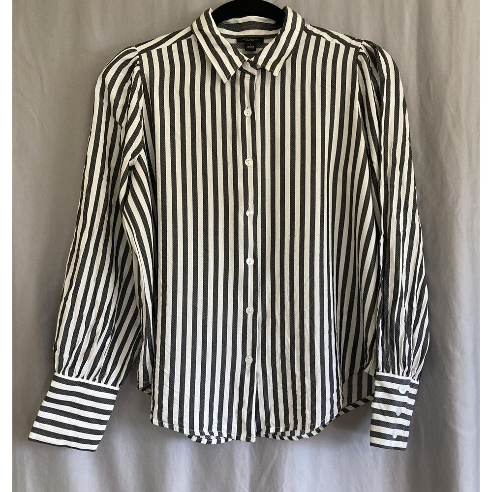 Ann Taylor Women’s S Gray Stripe Long Puff Sleeve Button Up 3 Button Cuff Blouse